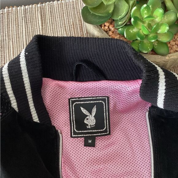 Y2K Playboy 100% Genuine Leather Pink Black Perforated Moto Zip Jacket M - Picture 7 of 7